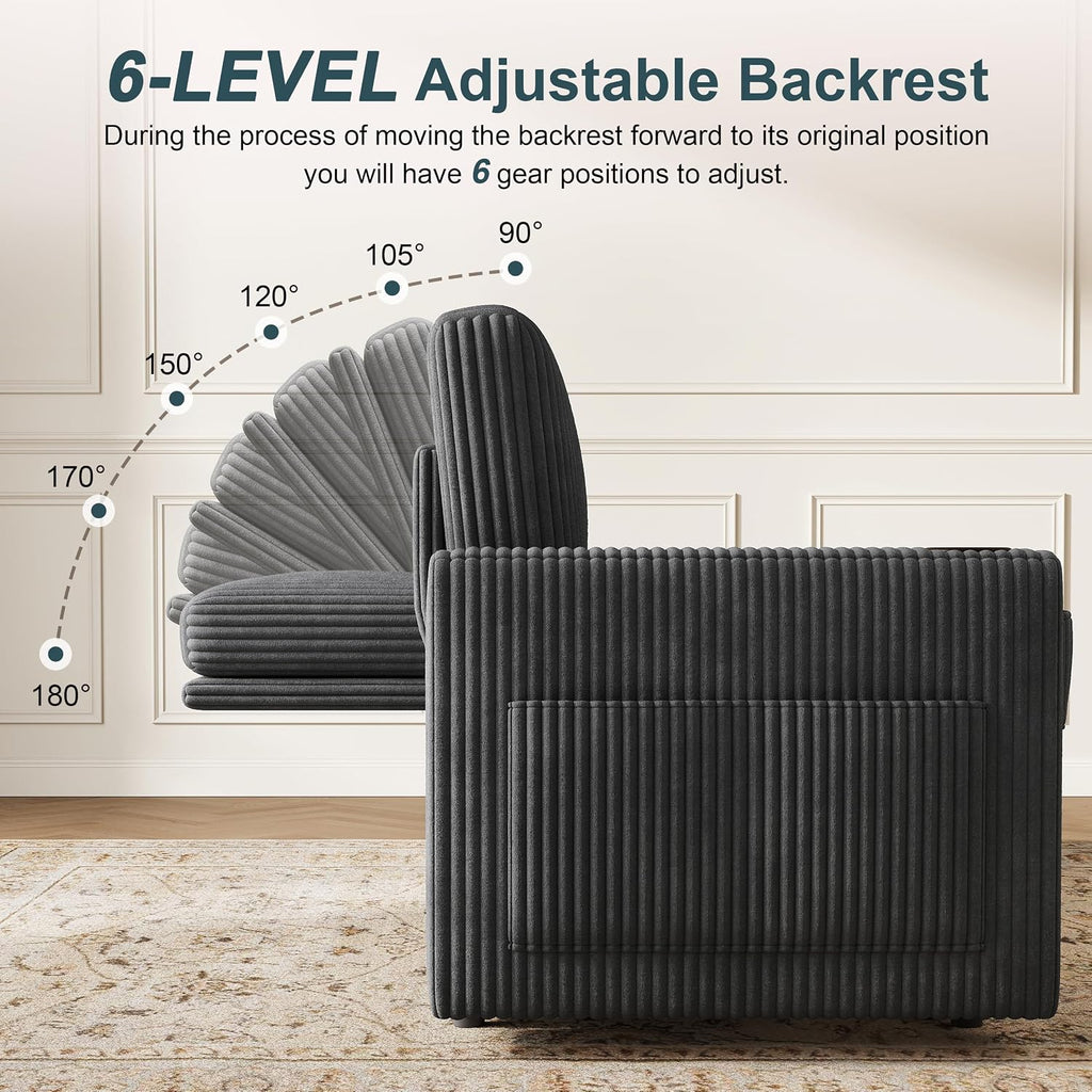 Sectional Sleeper Sofa with Pull Out Bed, Plush Corduroy 7 Seat Modular Sectional Sofa with Storage Chaise and Adjustable Backrest, Cloud Couches for Living Room, Apartment, Dark Grey