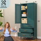 75" Metal Pantry Storage Cabinet with 3 Drawers, Green | Premium Cold-Rolled Steel Frame, Luxury Gold Handles, Adjustable Inner Shelves, Magnetic Doors, Anti-Tipping Kit