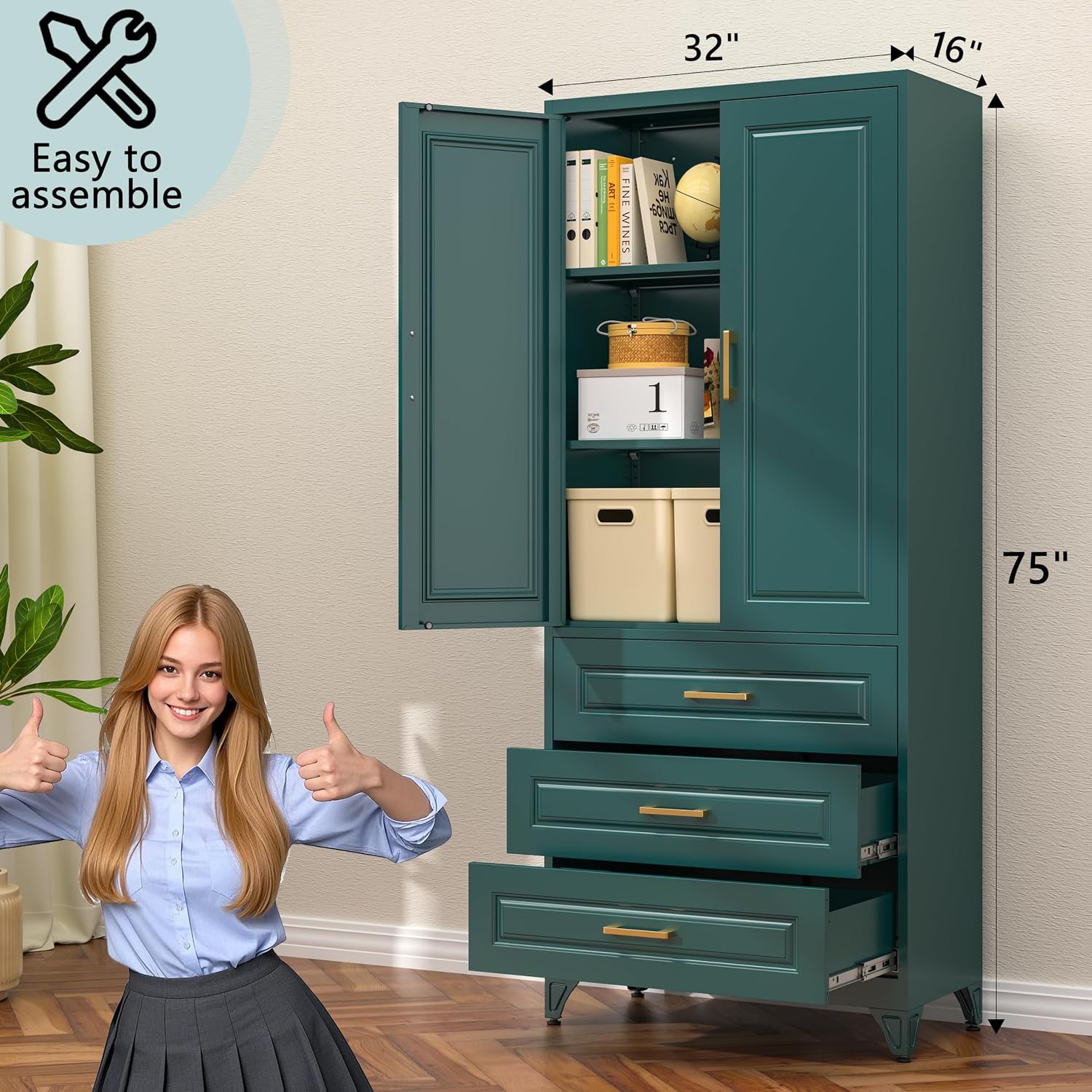 75" Metal Pantry Storage Cabinet with 3 Drawers, Green | Premium Cold-Rolled Steel Frame, Luxury Gold Handles, Adjustable Inner Shelves, Magnetic Doors, Anti-Tipping Kit