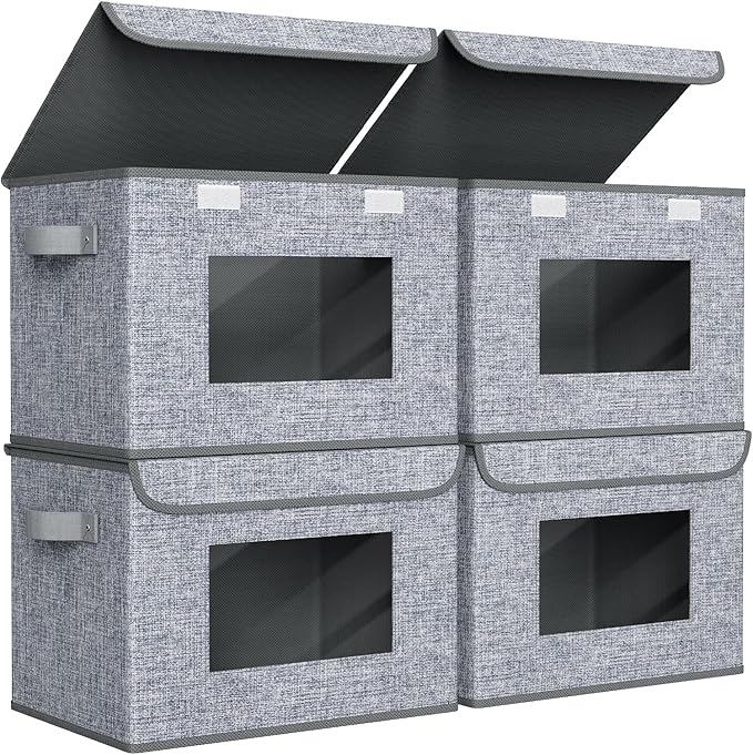 Univivi Fabric Foldable Storage Boxes [4-Pack] Large Collapsible Stackable Storage Bins with Lids, Closet Organizers and Storage Cube Basket for Home, Office, Bedroom (Grey, 17'' x 12'' x 12")