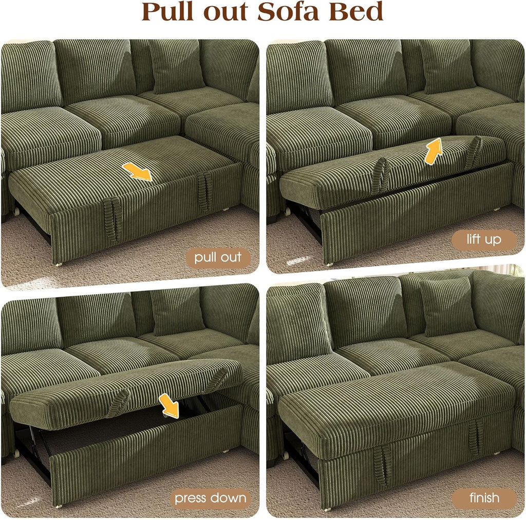 Ihanherry 7-Seater Large Sectional Sofa Bed with Storage Ottoman & Lovescat, Corduroy Modular Sleeper Sofa Set with USB Port & 4 Pillows, 106" U-Shaped Convertible Couch for Living Room（Green）