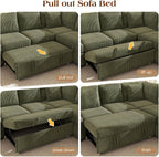 Ihanherry 7-Seater Large Sectional Sofa Bed with Storage Ottoman & Lovescat, Corduroy Modular Sleeper Sofa Set with USB Port & 4 Pillows, 106" U-Shaped Convertible Couch for Living Room（Green）
