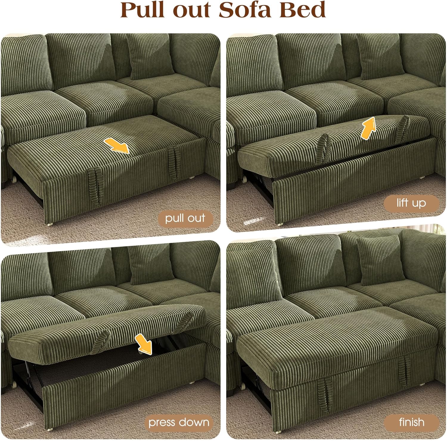 Ihanherry 7-Seater Large Sectional Sofa Bed with Storage Ottoman & Lovescat, Corduroy Modular Sleeper Sofa Set with USB Port & 4 Pillows, 106" U-Shaped Convertible Couch for Living Room（Green）