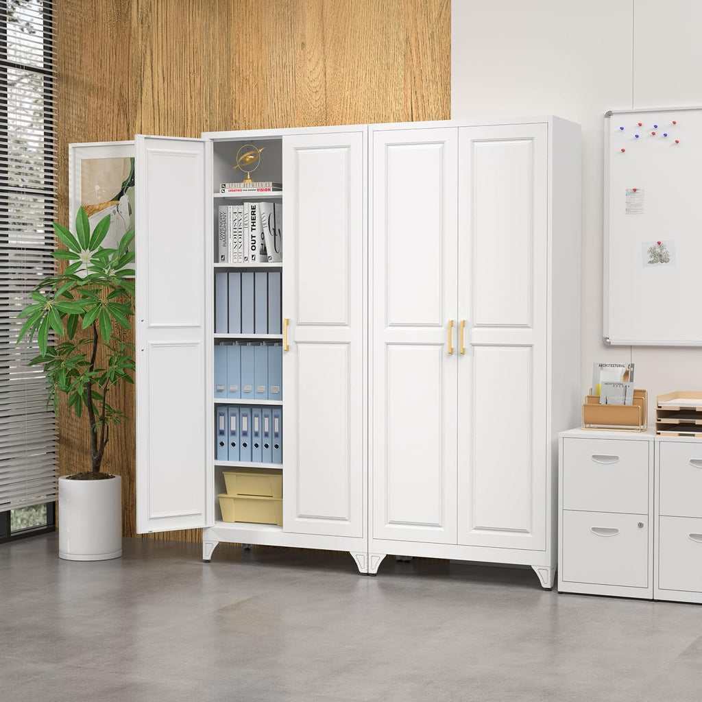 SteeLoong 75”Metal Pantry Storage Cabinet with Doors & 5 Adjustable Shelves | Kitchen Pantry Cabinet,White Kitchen Cabinet with 2 Gold Handles,Tall Cabinet for Livingroom,Pantry, Bathroom,Kitchen,Garage