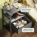 Huuger Nightstand Set of 2, Night Stand with Fabric Drawer, Mesh Shelf, Side Table with Storage, Fabric Drawer Dresser, Open Shelf, Metal Frame, Bedroom, Grey