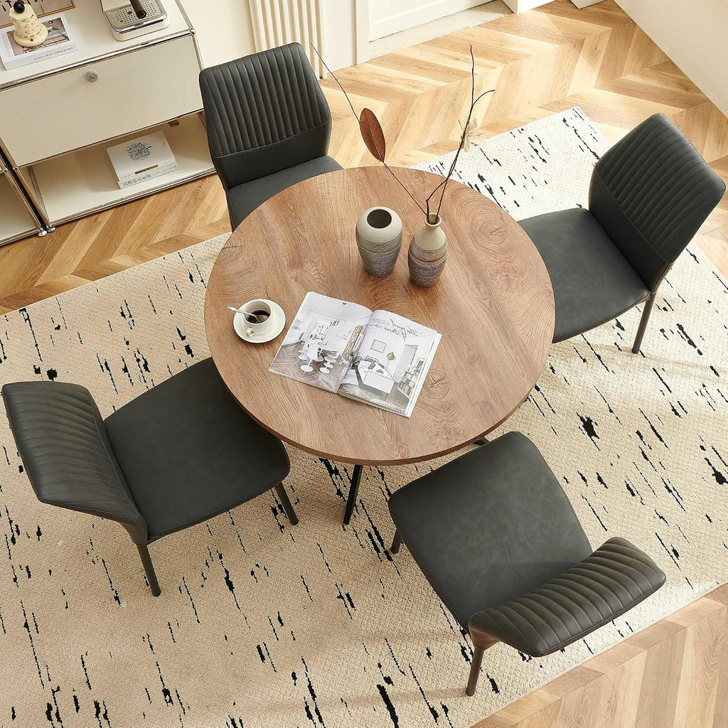 37 Inch Round Dining Table Set for 4, Modern Small Circle Kitchen Coffee Set for Apartment Living Room Office, Save Space(1 Wooden Table+2 Grey PU Leather Chairs)