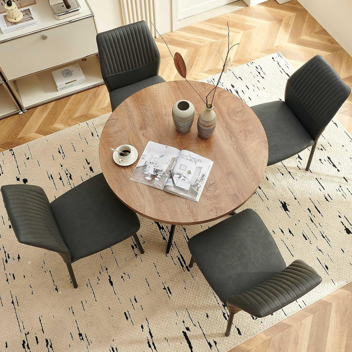 37 Inch Round Dining Table Set for 4, Modern Small Circle Kitchen Coffee Set for Apartment Living Room Office, Save Space(1 Wooden Table+2 Grey PU Leather Chairs)