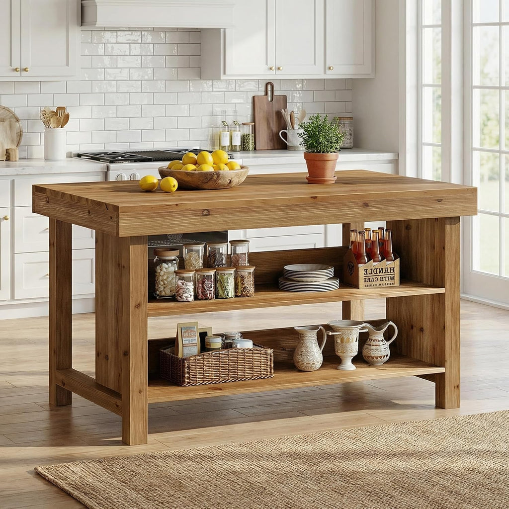 55" Solid Wood Kitchen Island with Storage, Farmhouse Kitchen Island Table with 3-Tier Open Shelves and Large Countertop for Kitchen, Dining & Living Room, Natural Oak