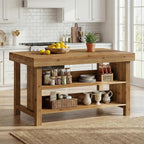 55" Solid Wood Kitchen Island with Storage, Farmhouse Kitchen Island Table with 3-Tier Open Shelves and Large Countertop for Kitchen, Dining & Living Room, Natural Oak