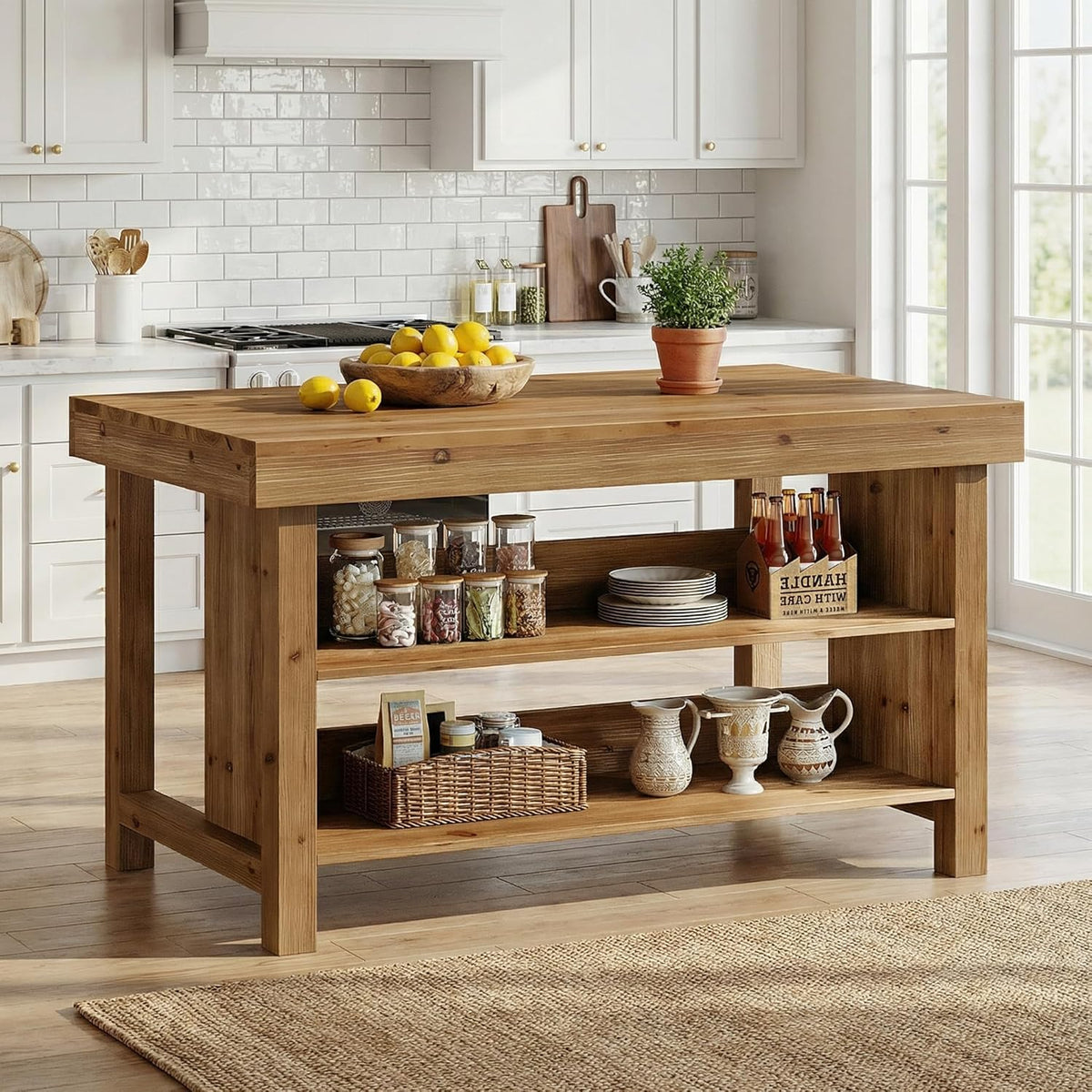 55" Solid Wood Kitchen Island with Storage, Farmhouse Kitchen Island Table with 3-Tier Open Shelves and Large Countertop for Kitchen, Dining & Living Room, Natural Oak