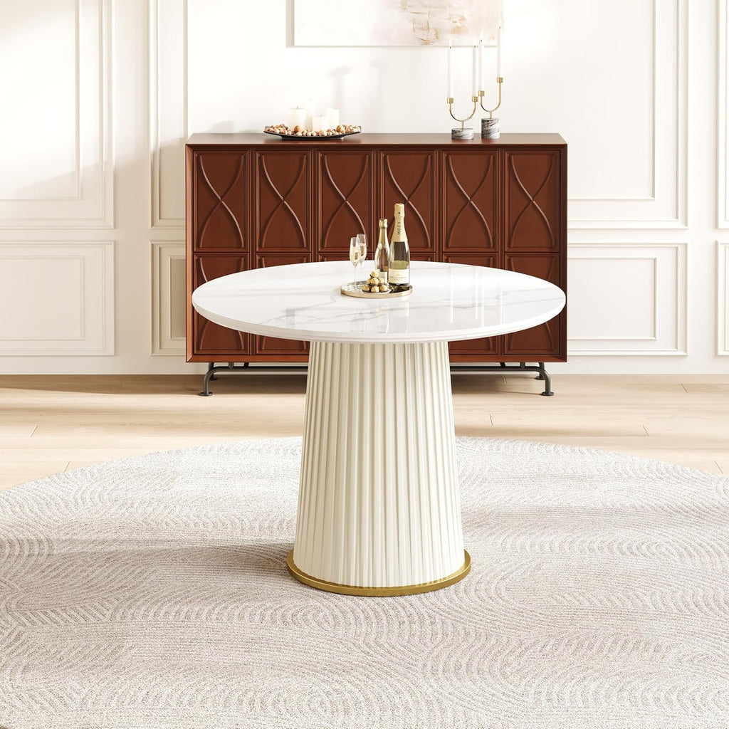Round Dining Table with Marble Grain Top for 4-6 People,35.43 Inches Dining Room Table with Pleated PU Leather Pedestal Base, Circle Kitchen Tables for Dining Room, Kitchen, Living Room