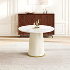 Round Dining Table with Marble Grain Top for 4-6 People,35.43 Inches Dining Room Table with Pleated PU Leather Pedestal Base, Circle Kitchen Tables for Dining Room, Kitchen, Living Room