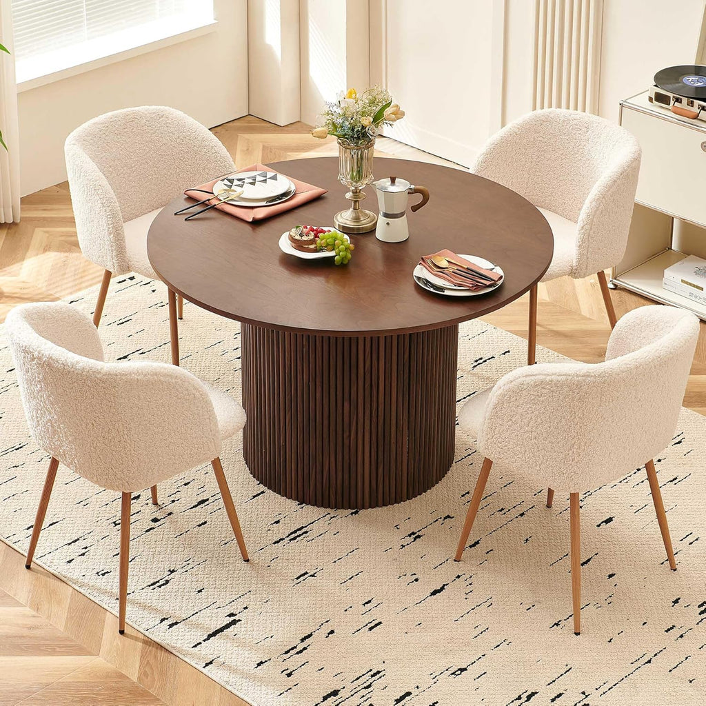 47" Round Dining Table for 4, Modern Farmhouse Kitchen Table, Walnut Wood Veneer Tabletop with Wood Strip Base, Kitchen & Dining Room Table