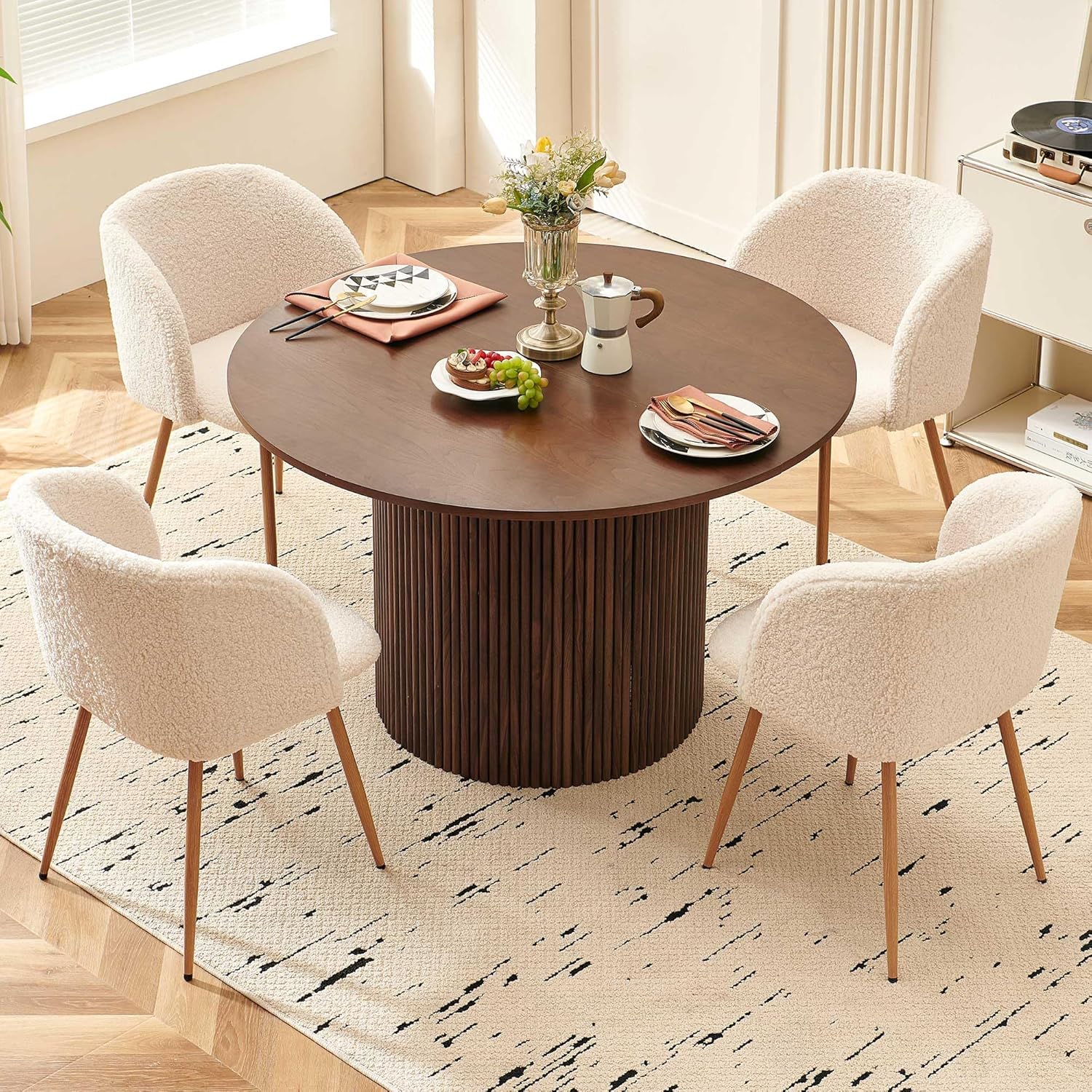 47" Round Dining Table for 4, Modern Farmhouse Kitchen Table, Walnut Wood Veneer Tabletop with Wood Strip Base, Kitchen & Dining Room Table
