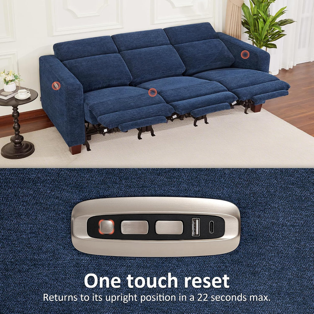 MCombo 85.4'' Zero Wall Hugger Power Recliner Sofa, HL198M3 (Navy Blue) | 3-Seater, Power Headrest, USB A & C Charge Ports, Solid Wood Legs, Small Spaces, Living Room, Chenille Fabric
