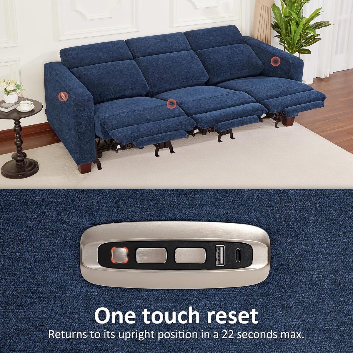 MCombo 85.4'' Zero Wall Hugger Power Recliner Sofa, HL198M3 (Navy Blue) | 3-Seater, Power Headrest, USB A & C Charge Ports, Solid Wood Legs, Small Spaces, Living Room, Chenille Fabric