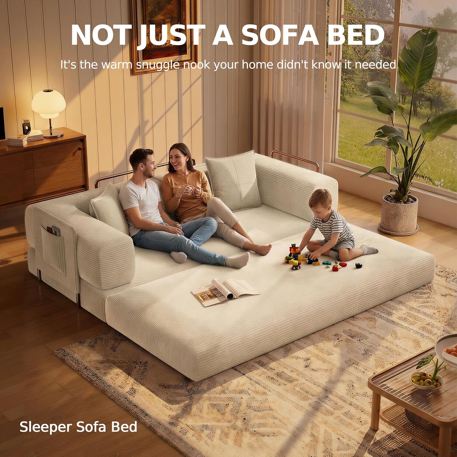 MoonSpeak 78.8'' Futon Sofa Bed, Couches for Living Room | Corduroy Convertible Futon Sofa Bed with Storage Pocket, Modular Sleeper Couch in a Box, No Assembly (White)