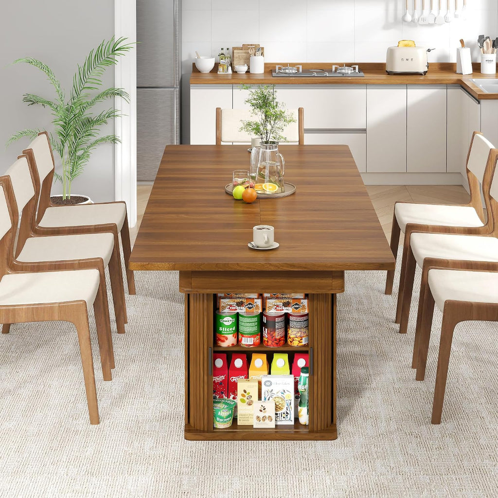 39-94 inch Extendable Dining Table for 4-10, Rectangle Expandable Long Kitchen Table with Fluted Sliding Doors, Double Tier Storage, Modern Square Dinner Table, Living Room, Farmhouse, Walnut