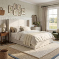 54" Majestic Extra-Tall Wingback Bed Frame Queen - Premium Textured Ivory Canvas Chenille Upholstered Platform Bed, 1000lbs Capacity, No Box Spring Needed (Queen U.S. Standard)