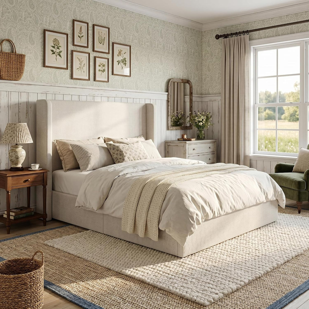 54" Majestic Extra-Tall Wingback Bed Frame Queen - Premium Textured Ivory Canvas Chenille Upholstered Platform Bed, 1000lbs Capacity, No Box Spring Needed (Queen U.S. Standard)