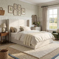 52" Extra-Tall Wingback Bed Frame California King - Luxury Textured Ivory Canvas Chenille Upholstered Platform Bed, 1000lbs Heavy Duty, Box Spring Not Required (California King)