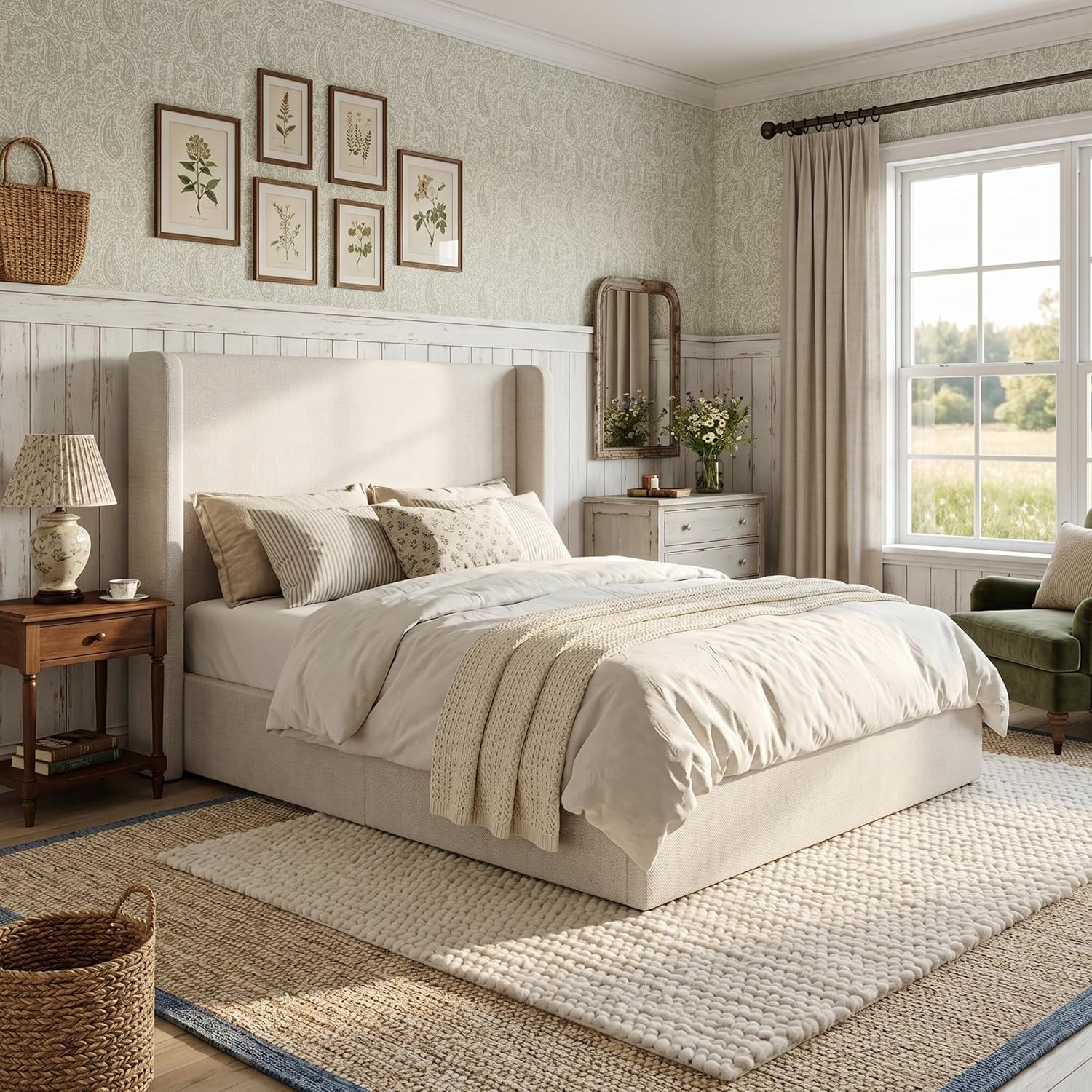 52" Extra-Tall Wingback Bed Frame California King - Luxury Textured Ivory Canvas Chenille Upholstered Platform Bed, 1000lbs Heavy Duty, Box Spring Not Required (California King)