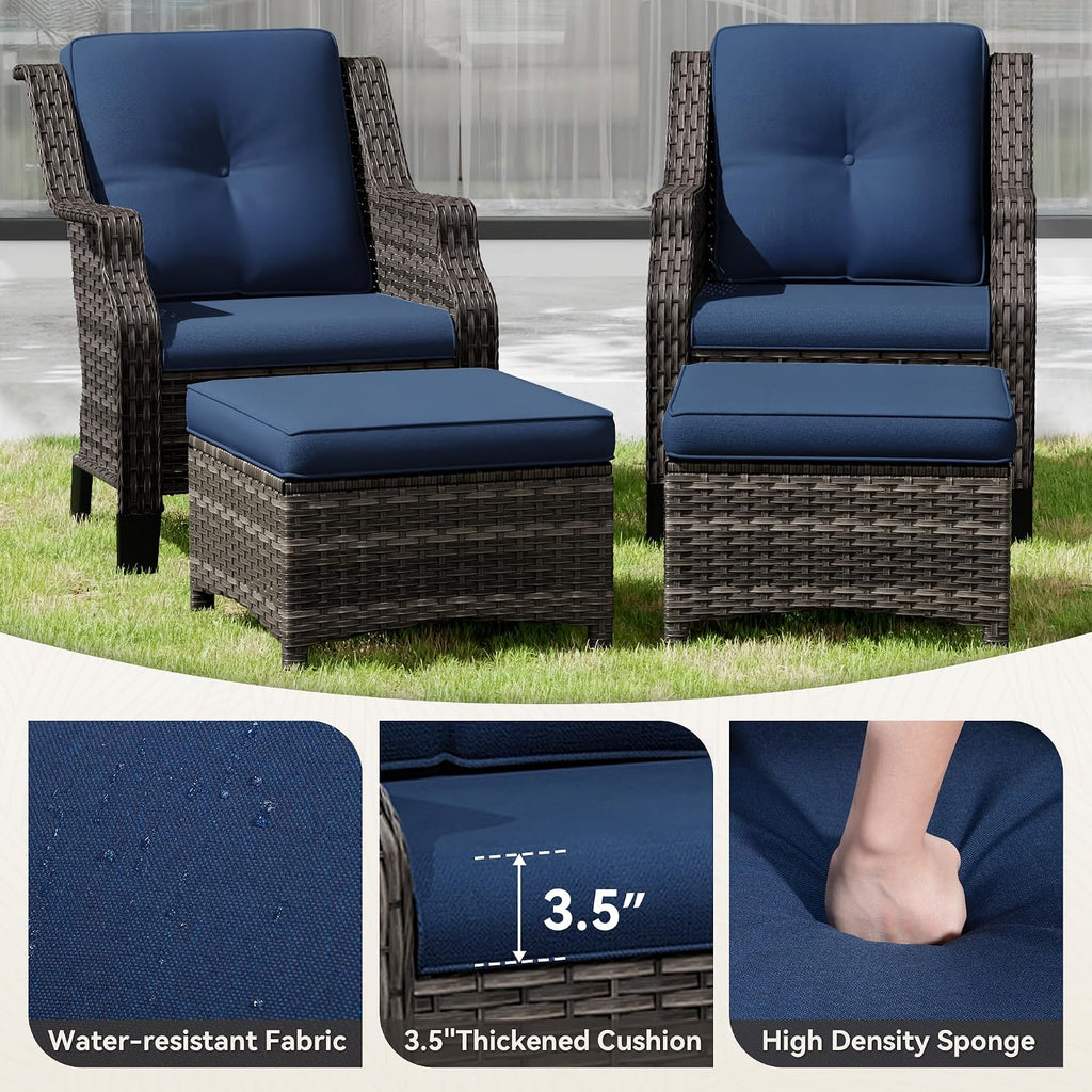 Outdoor Wicker Ottoman Set of 2, Patio Swivel Rattan Ottoman with Thick Cushions, Ideal for Backyard, Garden, Poolside, Blue
