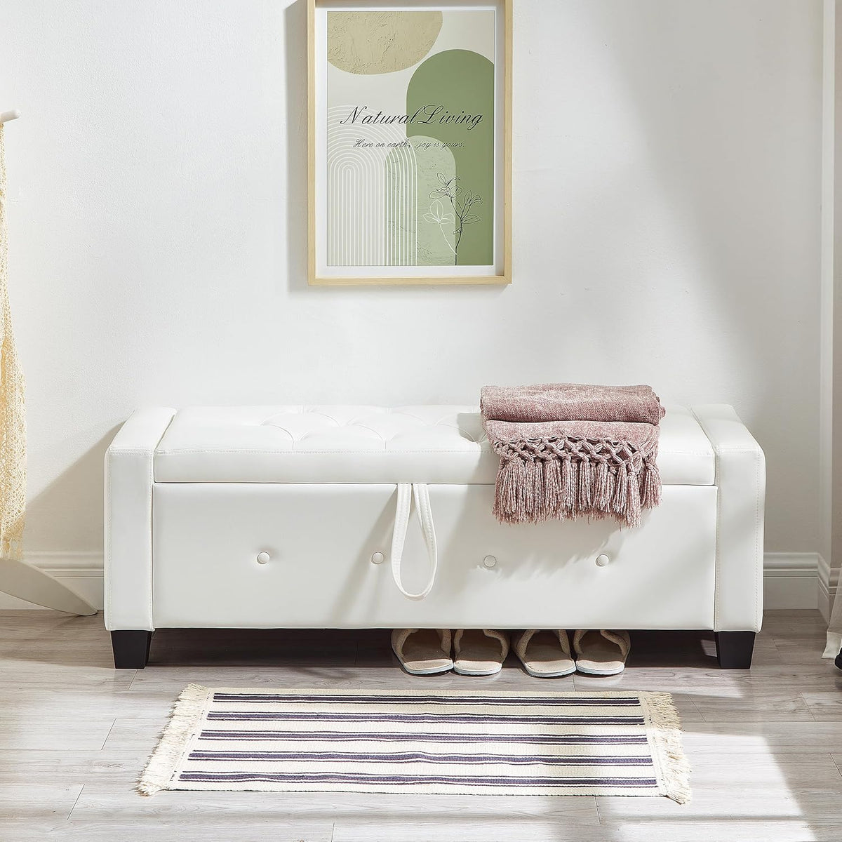 extrasleep 48" White Storage Ottoman Bench, Faux Leather Upholstered Tufted Ottoman, PU Bench for Bedroom Living Room Entryway Hallway, Large Leather End of Bed Benches, Lvory White