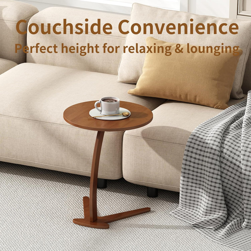 C Shaped End Table, Small Round Side Table for Couch, Slide Under Sofa Tray Desk for Living Room Bedroom, Solid Wood TV Tray Table for Narrow Space (15” Chestnut)