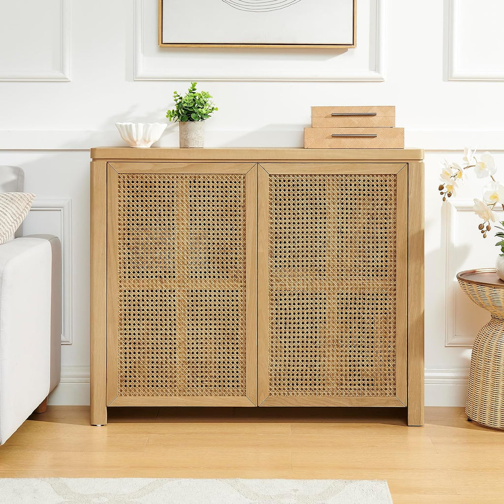 LKTART Small Sideboard Buffet Cabinet,Thin Kitchen Storage Cabinet with 2 Rattan Doors,Boho Wooden Console Table for Living Room,Entryway(39.4" Natural)