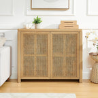 LKTART Small Sideboard Buffet Cabinet,Thin Kitchen Storage Cabinet with 2 Rattan Doors,Boho Wooden Console Table for Living Room,Entryway(39.4" Natural)