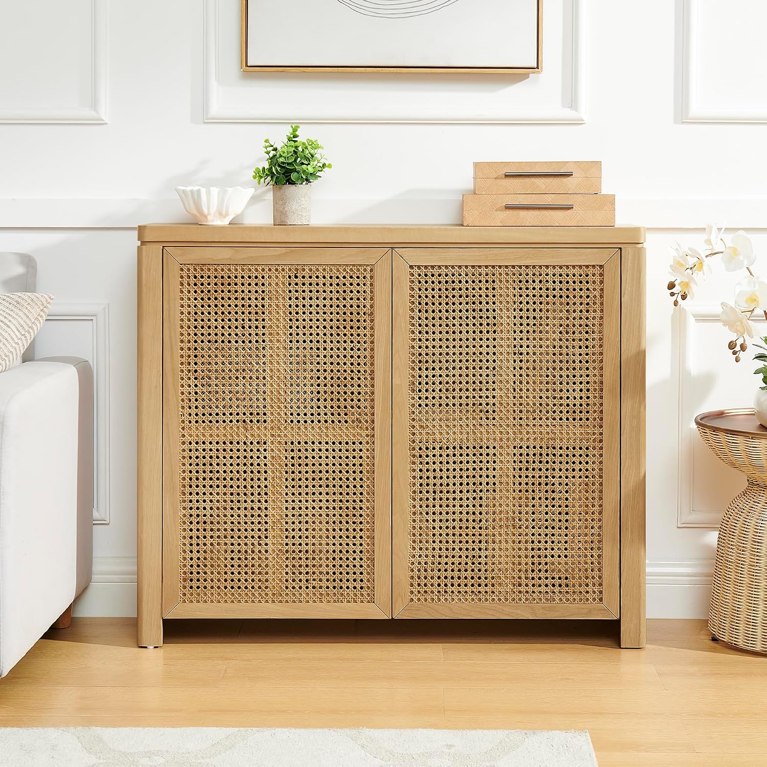 LKTART Small Sideboard Buffet Cabinet,Thin Kitchen Storage Cabinet with 2 Rattan Doors,Boho Wooden Console Table for Living Room,Entryway(39.4" Natural)