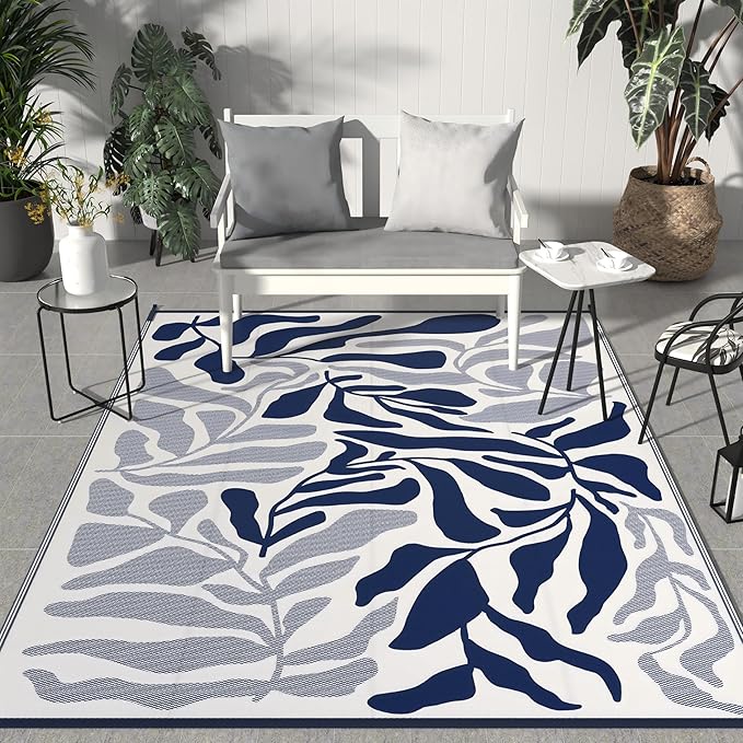 GENIMO Outdoor Rug 6' x 9' Waterproof for Patio Clearance, Reversible Plastic Straw Camping Carpet, Lightweight Rugs Mats for Rv, Backyard, Deck, Porch, Picnic, Beach, Balcony, Blue & White
