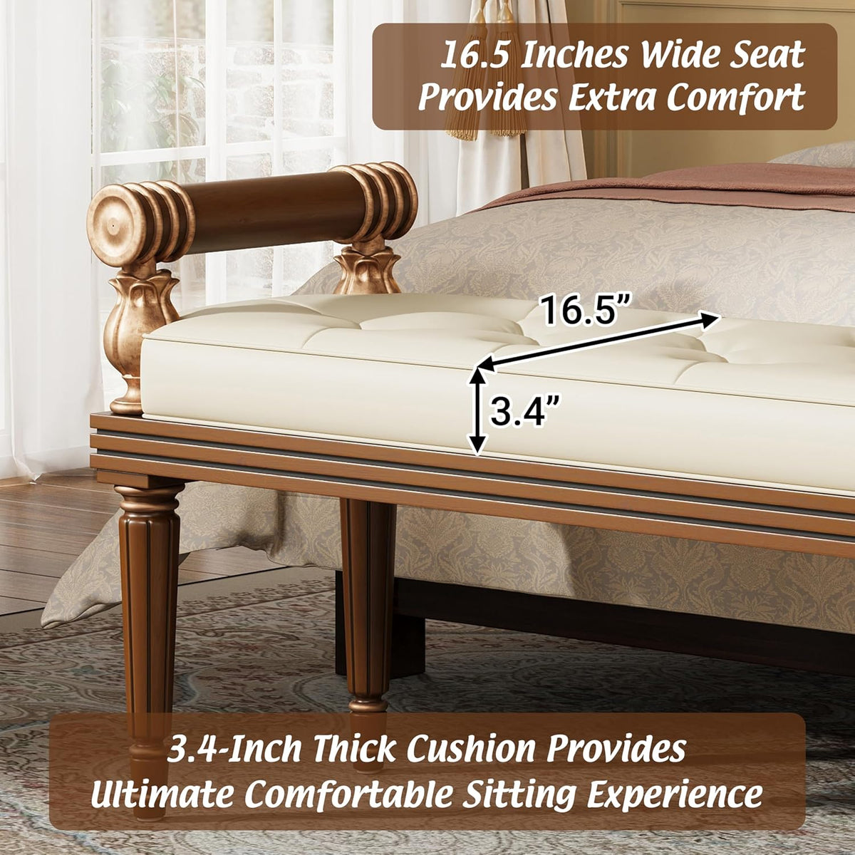 Christopher Knight Home Yae Luxurious PU Leather Upholstered End of Bed Ottoman, Wooden Living Room Ottoman Bench with Fluted Legs/Cylindrical Arm, Long Entryway Bench with Button Tufting, Brown+Beige
