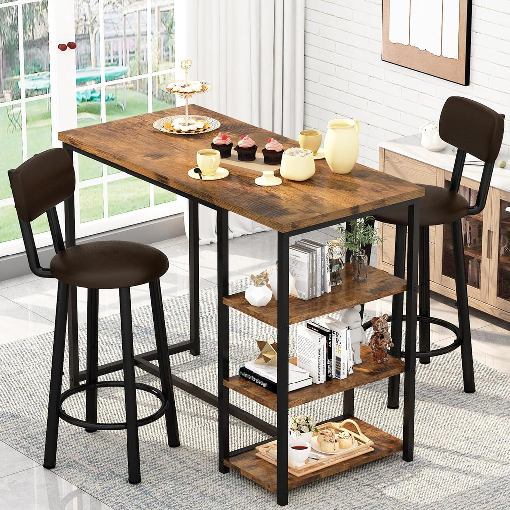 Recaceik Pub Dining Table Set for 2, Table and Bar Stools with 3 Storage Shelves, MDF Board & PU Leather Backrest Chairs, 3 Piece Dining Set for Small Space, Apartment, Kitchen Island, Brown