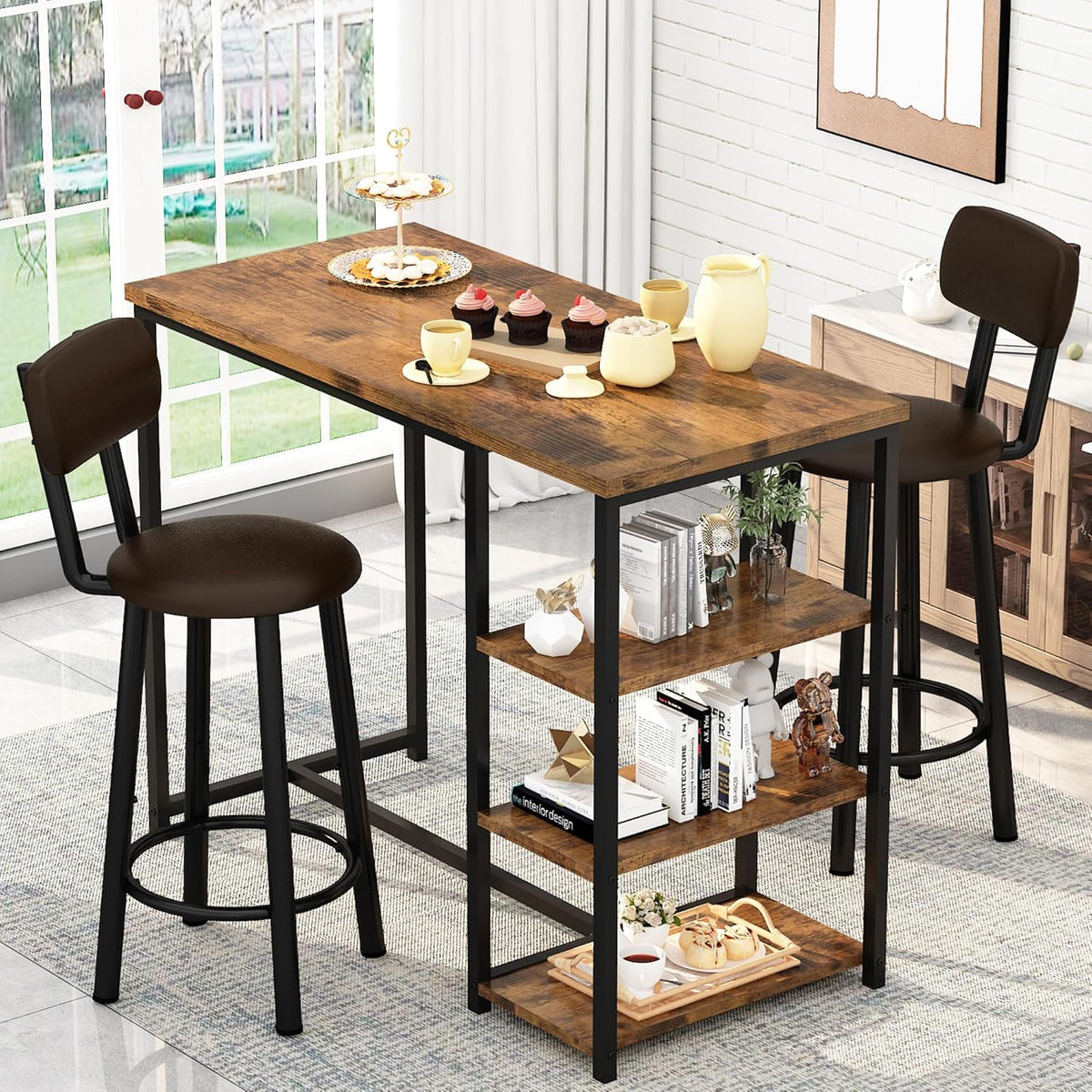 Recaceik Pub Dining Table Set for 2, Table and Bar Stools with 3 Storage Shelves, MDF Board & PU Leather Backrest Chairs, 3 Piece Dining Set for Small Space, Apartment, Kitchen Island, Brown