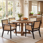 VESCASA Rattan Dining Chairs with Armrest, Padded Upholstered Linen Cream Cushion Dining Chairs with Wood Legs for Dining Room, Kitchen, Set of 4, Black Frame