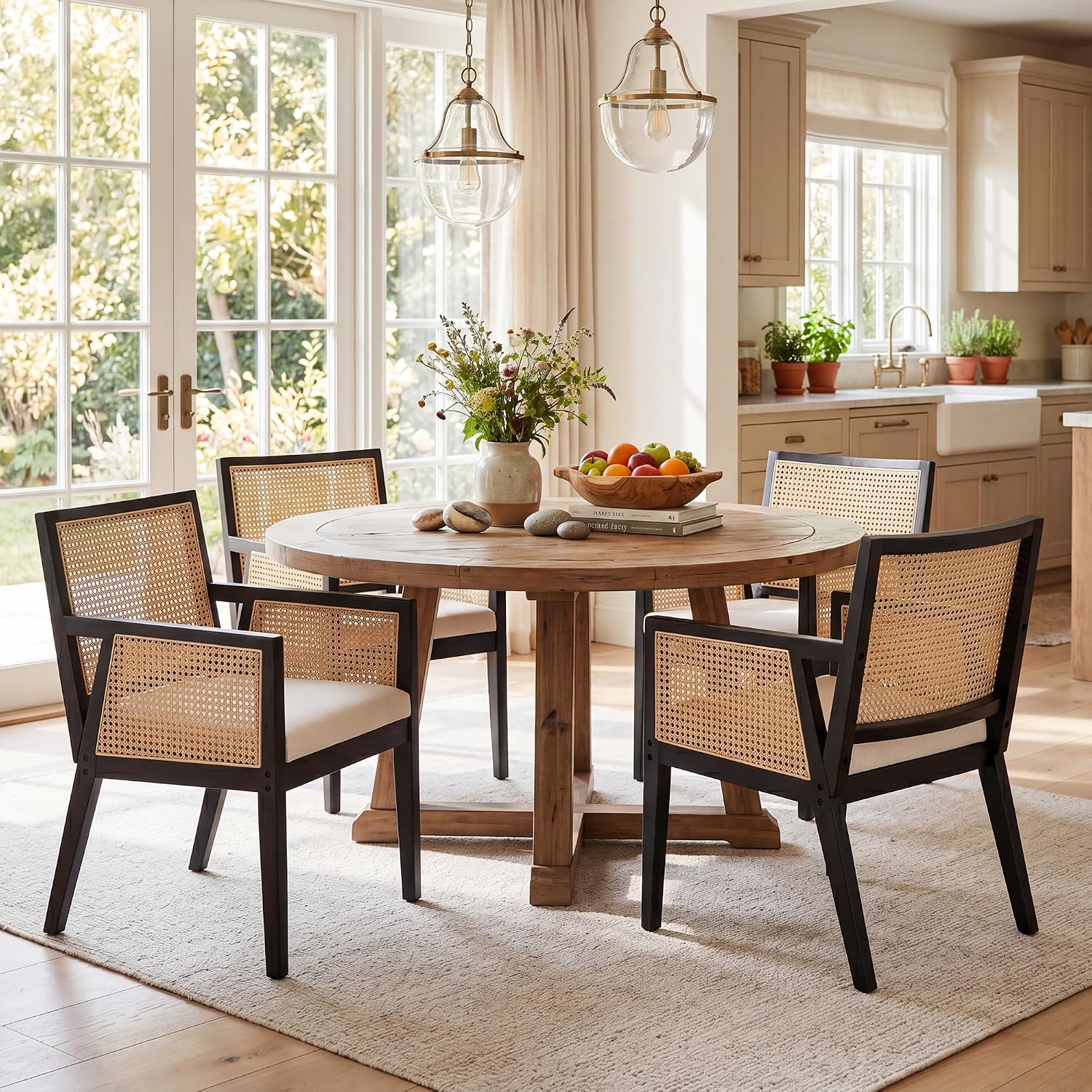VESCASA Rattan Dining Chairs with Armrest, Padded Upholstered Linen Cream Cushion Dining Chairs with Wood Legs for Dining Room, Kitchen, Set of 4, Black Frame