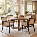 VESCASA Rattan Dining Chairs with Armrest, Padded Upholstered Linen Cream Cushion Dining Chairs with Wood Legs for Dining Room, Kitchen, Set of 2, Black Frame