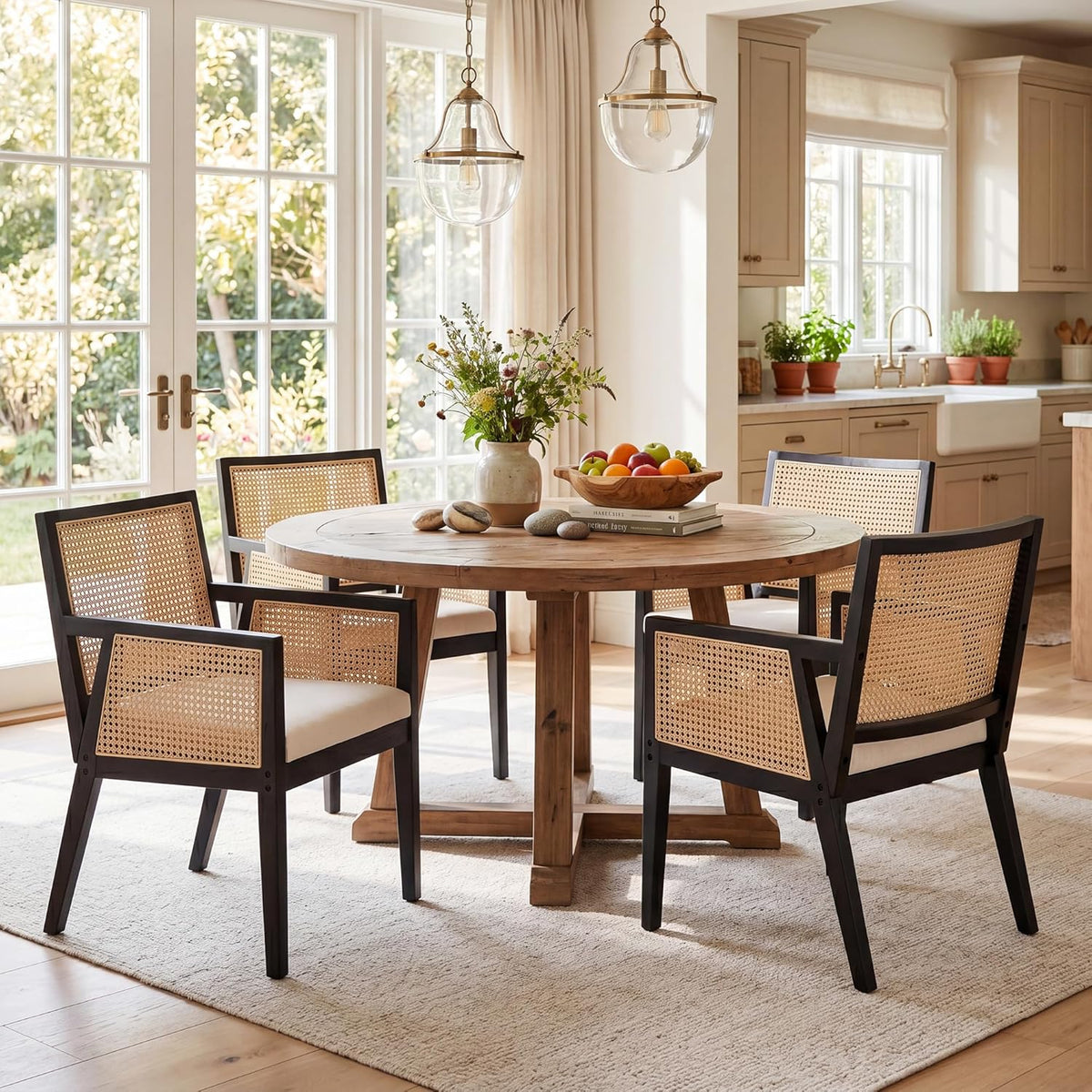 VESCASA Rattan Dining Chairs with Armrest, Padded Upholstered Linen Cream Cushion Dining Chairs with Wood Legs for Dining Room, Kitchen, Set of 2, Black Frame