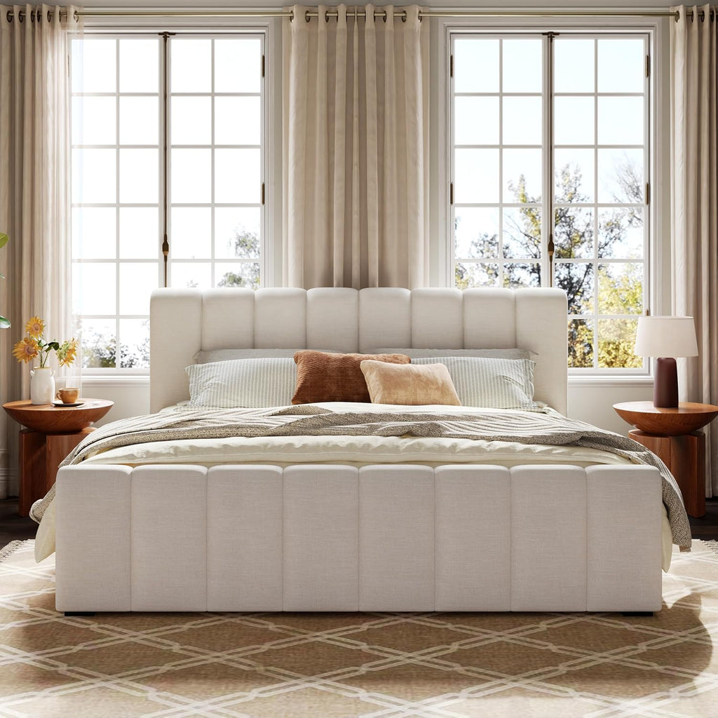 Merax King Upholstered Bed with Thick Headboard and Footboard, Beige