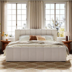 Merax King Upholstered Bed with Thick Headboard and Footboard, Beige