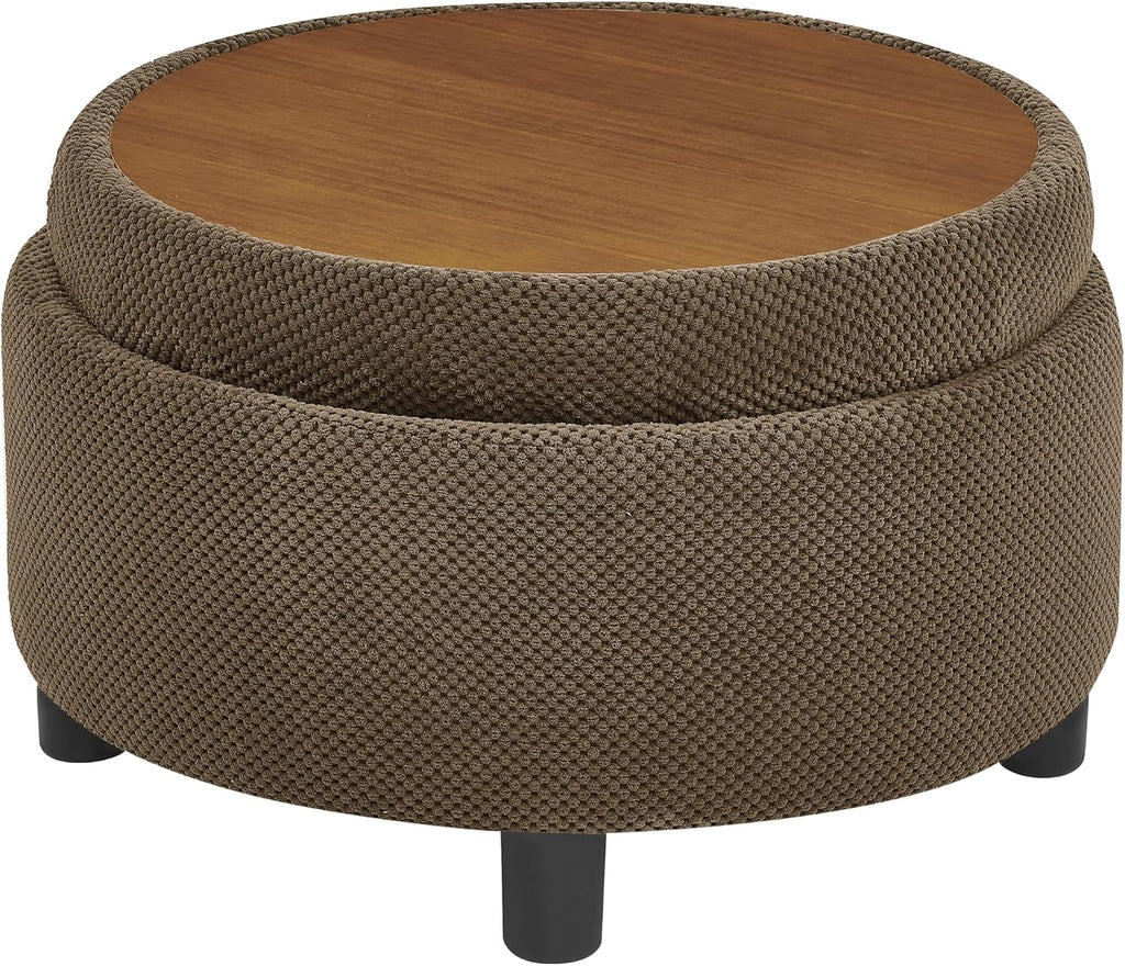 25'' Round Storage Ottoman with Reversible Tray Lid, Tufted Footrest Stool with Hidden Storage, Couch Side Table for Low Tea (Coffee)