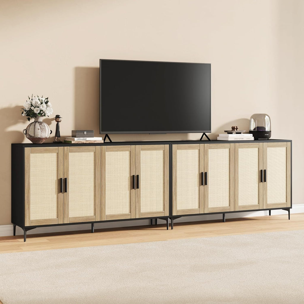 JASIWAY Buffet Cabinet with Storage, 48" Rattan Sideboard with Adjustable Shelves, Modern Coffee Bar Cabinet Console Table with Doors, Credenza for Kitchen, Living Room, Entryway, Dining Room, Black