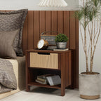 LuxenHome Nightstand with Drawer Storage, 19" Wood End Tables with Rope Front, Boho Bedside Table for Bedroom Living Room Small Sofa Couch Table for Small Space Home Office