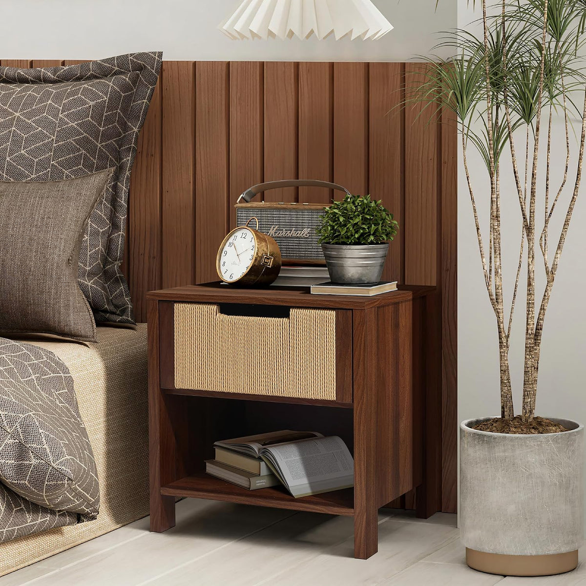 LuxenHome Nightstand with Drawer Storage, 19" Wood End Tables with Rope Front, Boho Bedside Table for Bedroom Living Room Small Sofa Couch Table for Small Space Home Office