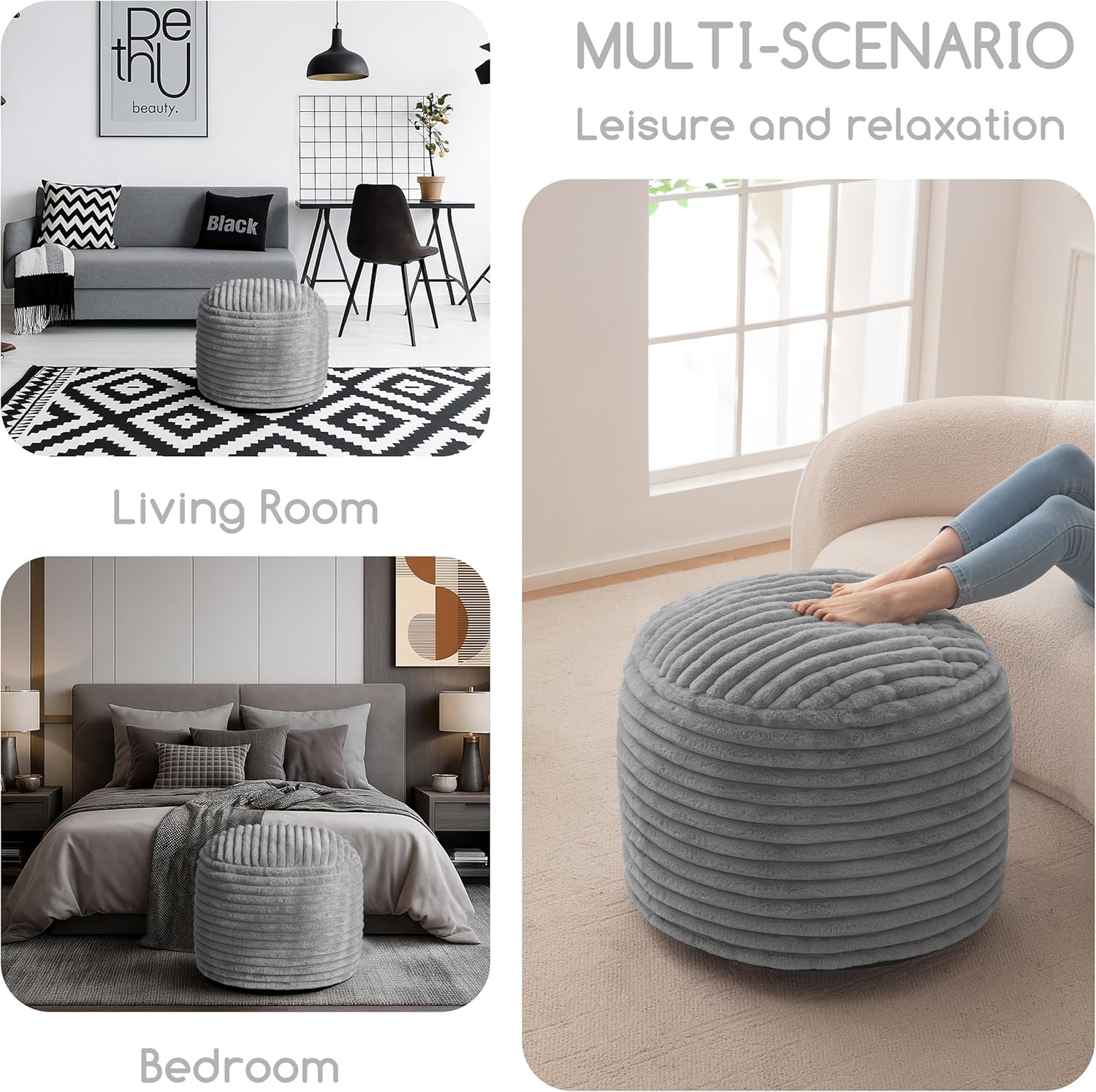 HIGOGOGO Round Stuffed Pouf Ottoman, Stripe Faux Fur Poufs with Foam Chunk Filling, Furry and Fluffy Pouf Foot Stool Storage Ottoman, 20 X 15 Floor Poufs Foot Rest for Living Room, Grey