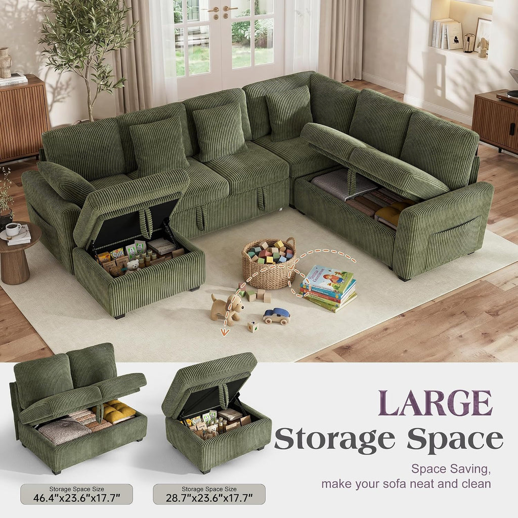 Hanherry Sectional Sofa with Pull Out Couch Bed,6 Seats Corduroy Sleeper Sofa with Storage Ottoman & USB Charging,Comfy L Shaped Modular Couches for Living Room,Apartment