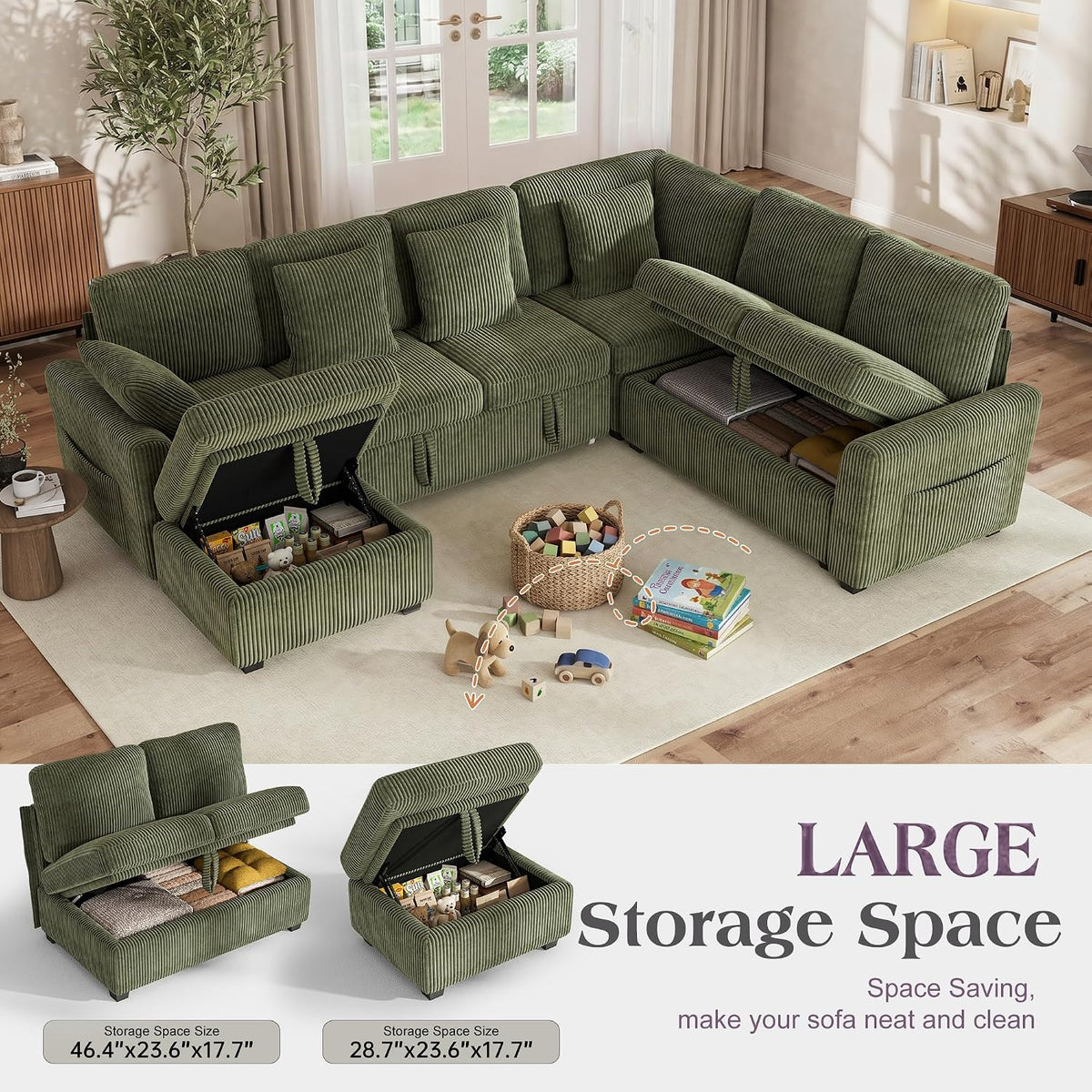 Hanherry Sectional Sofa with Pull Out Couch Bed,6 Seats Corduroy Sleeper Sofa with Storage Ottoman & USB Charging,Comfy L Shaped Modular Couches for Living Room,Apartment