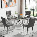 5 Piece Glass Dining Table Set Modern Small Glass Dining Table Set for 4, 35.43" Square Kitchen Table and 4 Velvet Upholstered Chairs for Kitchen Dining Room, Silver & Grey